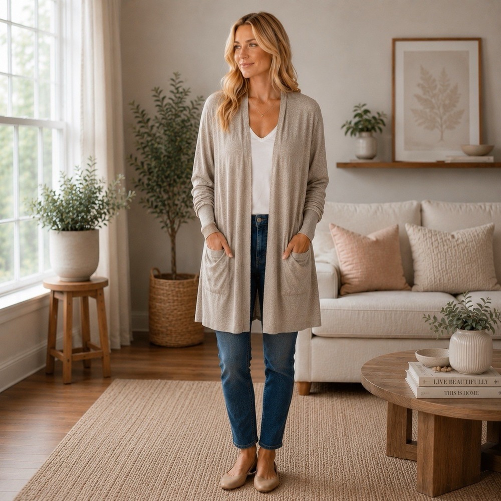 Pact 100% Organic Cotton Airplane Long Cardigan Neutral Loungewear Travel S/M